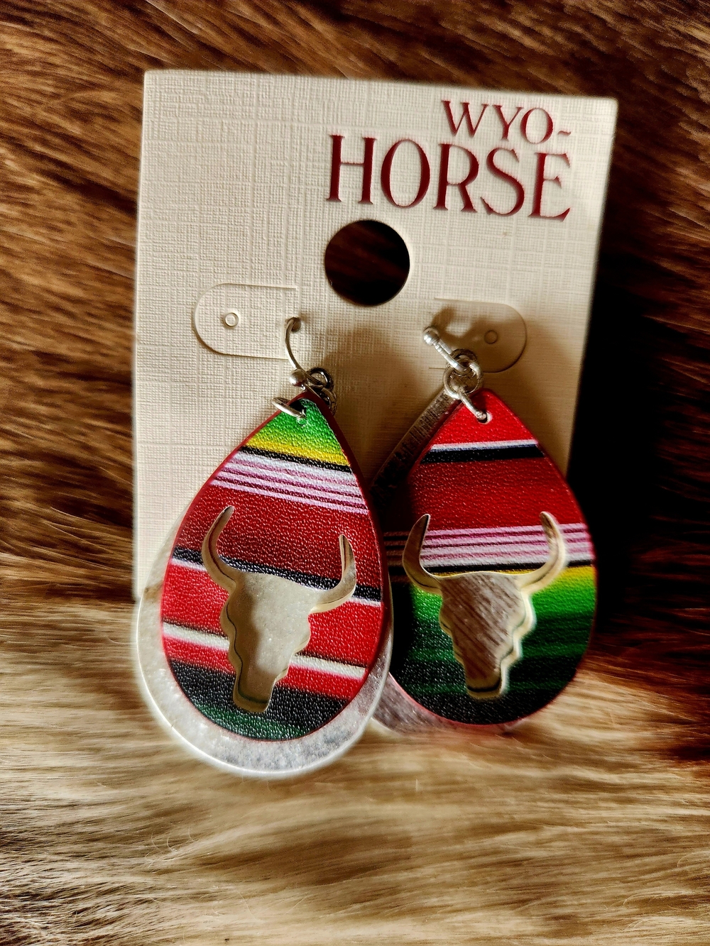 Red Serape Teardrop Bull Skull Earrings